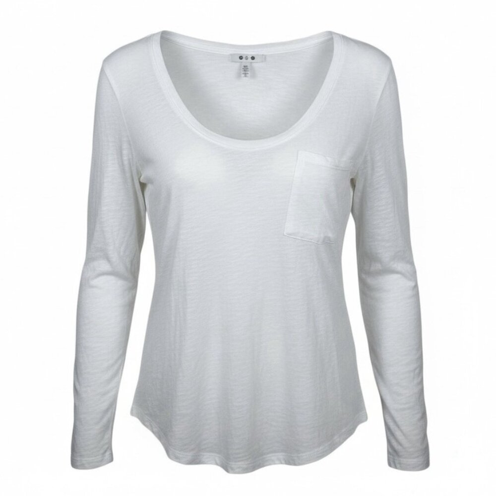Three Dots Scoop Neck Pocket Tee Sz Small White Slub Jersey Knit Long Sleeve Top